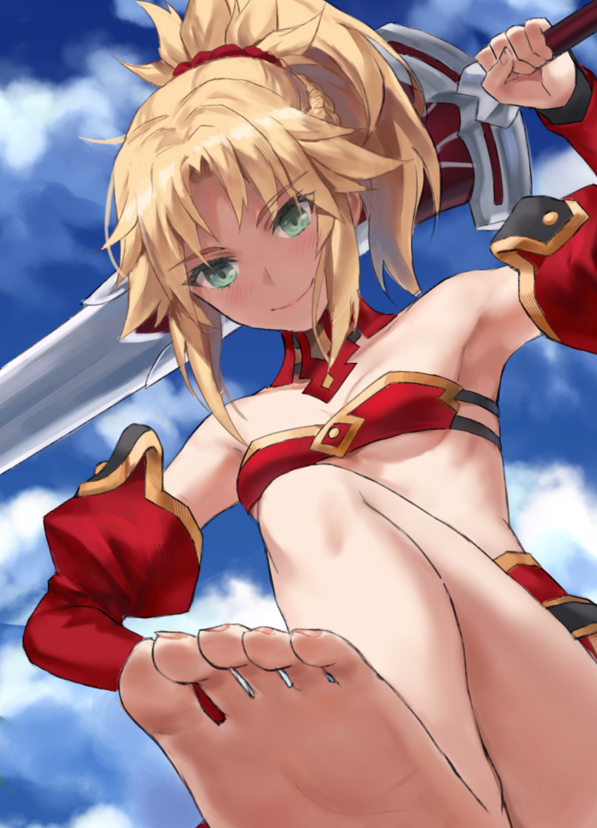 1girl bandeau bare_shoulders barefoot blonde_hair blue_sky braid breasts clarent_(fate) detached_collar detached_sleeves fate/apocrypha fate/grand_order fate_(series) french_braid green_eyes highres long_hair looking_at_viewer mordred_(fate) mordred_(fate/apocrypha) parted_bangs ponytail sidelocks sky small_breasts smile soles solo sword toes tonee weapon