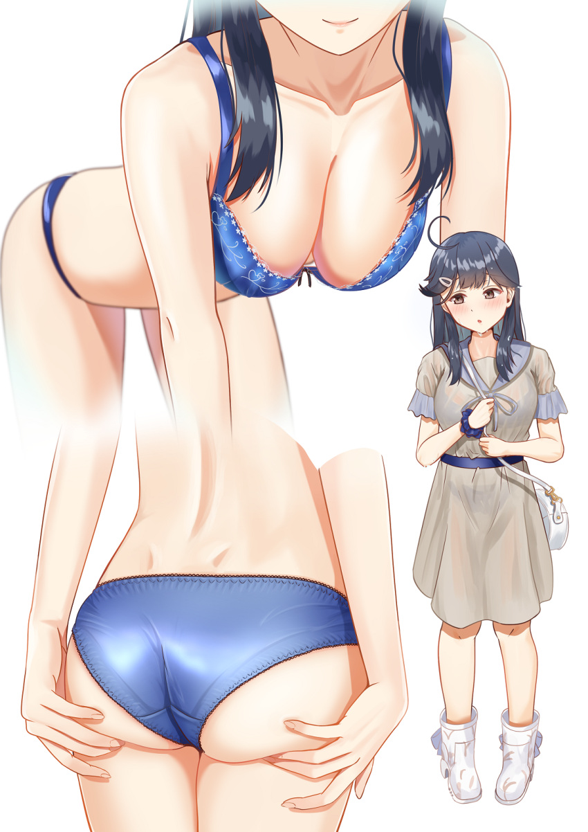 1girl ahoge ass bag black_hair blue_bra blue_panties blush boots bra breasts brown_eyes cleavage closed_mouth collarbone dress fingernails grey_dress highres kantai_collection large_breasts long_hair multiple_views open_mouth panties short_sleeves shoulder_bag simple_background underwear ushio_(kancolle) white_background white_footwear zuki