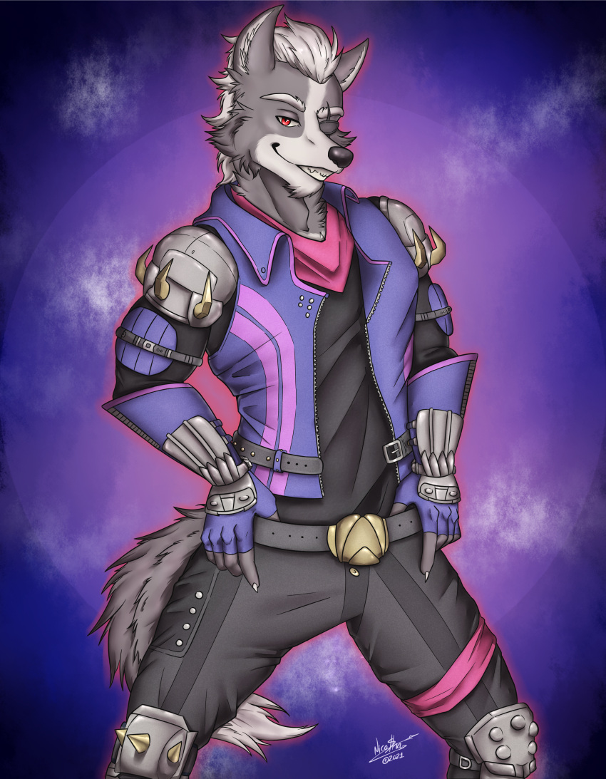 absurd_res anthro armor biceps canid canine canis clothed clothing eyewear fur grey_body hair hi_res looking_at_viewer male mammal muscular muscular_anthro muscular_male nintendo pinup pistacho pose simple_background smile solo space star_fox super_smash_bros. tail taking_off_pants villainous wolf wolf_o'donnell