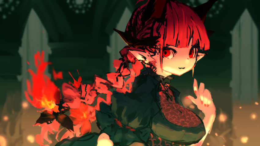 1girl animal_ears architecture bow braid breasts building cat_ears collared_dress dress extra_ears fingernails fire flame green_bow green_dress hair_bow hand_up highres kaenbyou_rin large_breasts long_hair looking_to_the_side multiple_tails nekomata pointy_ears puffy_short_sleeves puffy_sleeves red_eyes red_hair red_nails ribbon ribbon-trimmed_sleeves ribbon_trim short_sleeves solo subterranean_animism tail tobenai_todo touhou twin_braids two_tails