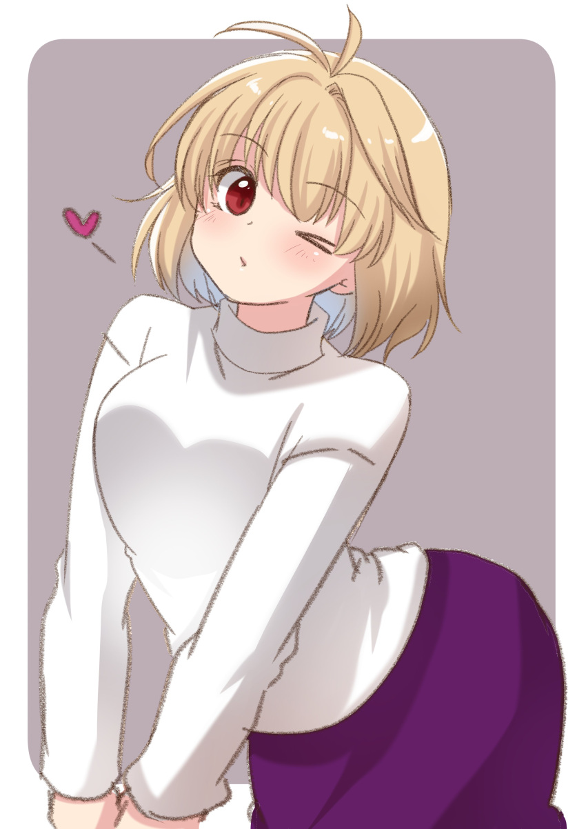 1girl absurdres antenna_hair arcueid_brunestud blonde_hair blowing_kiss blush commentary_request grey_background hair_between_eyes heart highres long_sleeves looking_at_viewer one_eye_closed purple_skirt red_eyes shimotsukishin short_hair simple_background single_hair_intake skirt solo sweater tsukihime turtleneck turtleneck_sweater white_sweater