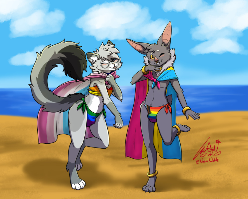 anthro bat beach bikini blep blue_eyes blush bottomwear bulge cape claw_slits clothed clothing cloud collar digital_media_(artwork) dipstick_ears dipstick_fingers dipstick_tail dipstick_toes domestic_cat duo egyptian_mau eyewear feet felid feline felis femboy_pride_colors fur girly glasses gold_(metal) gold_jewelry gold_rings grey_body hair jewelry leaf_nose lgbt_history_month lgbt_pride looking_at_viewer male male/male mammal markings multicolored_bikini multicolored_body multicolored_cape multicolored_clothing multicolored_ears multicolored_swimwear multicolored_tail neon_noble nixuelle one_eye_closed open_mouth outside pansexual_pride_colors pattern_clothing paw_on_chin paw_on_neck pride_color_bikini pride_color_bottomwear pride_color_cape pride_color_clothing pride_color_flag pride_color_swimwear pride_color_topwear pride_colors progress_pride_colors pteropodid rainbow_flag rainbow_pride_colors rainbow_pride_flag rainbow_symbol raised_leg raised_tail sand sean-zee_petit seaside six-stripe_rainbow_pride_colors sky smile striped_clothing stripes subculture_pride_colors swimwear tail tail_markings toes tongue tongue_out topless topless_male topwear tuft water wearing_flag wink winking_at_viewer yellow_eyes