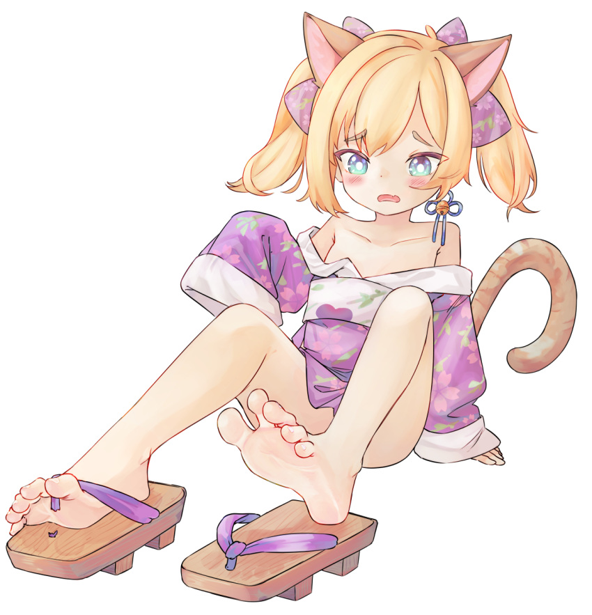 1girl animal_ears aqua_eyes bare_legs bare_shoulders barefoot blue_eyes blush cat_ears cat_tail chaosexceed collarbone commission convenient_leg english_commentary fang feet flat_chest floral_print full_body geta gradient_eyes hand_up highres japanese_clothes kimono knees_up legs medium_hair mixed-language_commentary multicolored_eyes off_shoulder on_ground open_mouth original parted_bangs print_kimono purple_kimono sandals short_kimono simple_background single_sandal sitting skin_fang sleeves_past_fingers sleeves_past_wrists soles solo tail thighs toenails toes twintails wardrobe_malfunction white_background wide_sleeves