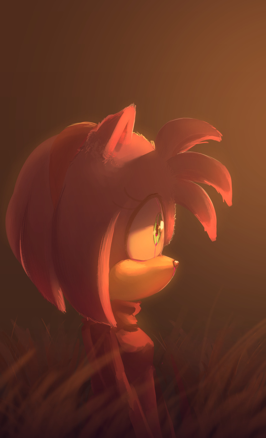 1girl absurdres alternate_costume amy_rose animal_ears animal_nose blood breasts brown_background closed_mouth eyelashes grass green_eyes hairband hedgehog_ears hedgehog_girl highres knockabiller long_sleeves looking_to_the_side medium_breasts nosebleed outdoors pink_fur red_hairband red_sweater simple_background solo sonic_(series) standing sunlight sweater turtleneck turtleneck_sweater