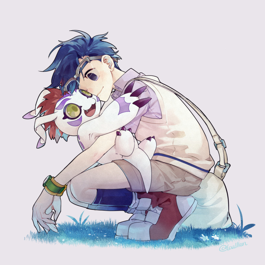 anthro bandai_namco blue_hair claws crouching digimon digimon_(species) duo embrace eyewear feral fur glasses gomamon green_eyes hair hi_res hug human joe_kido lanllan male mammal red_hair white_body white_fur