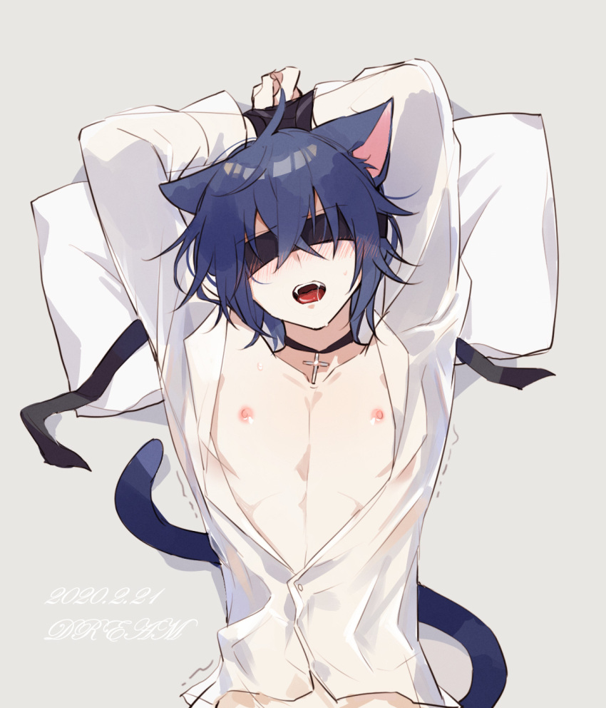 1boy animal_ears arms_behind_head black_blindfold black_choker black_lynx blindfold blush bound bound_arms cat_boy cat_ears cat_tail choker cross cross_choker dream_(1791923913) facing_up highres lying nipples open_clothes open_mouth pillow shirt shugo_chara! solo tail tsukiyomi_ikuto white_shirt