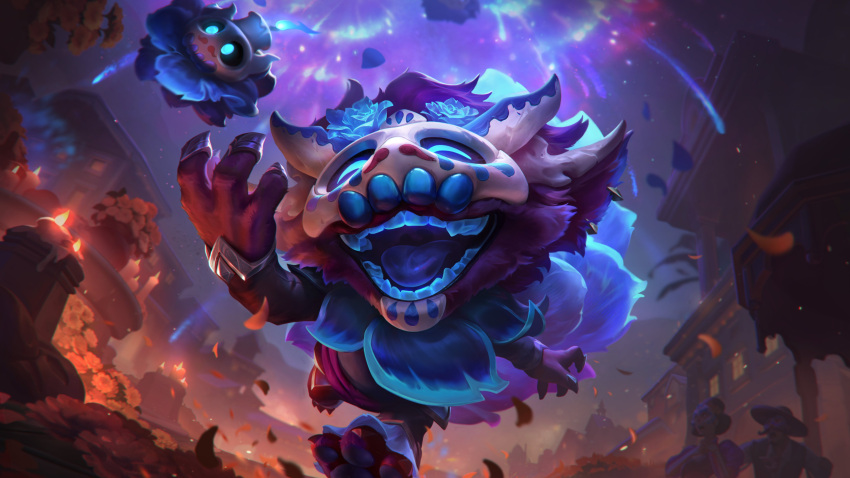 1girl 2boys absurdres blue_eyes blue_flower body_fur building candle claws fireworks flower hair_flower hair_ornament highres holding league_of_legends mask multiple_boys night official_alternate_costume official_art open_mouth outdoors solo_focus surprised teeth tongue yordle ziggs