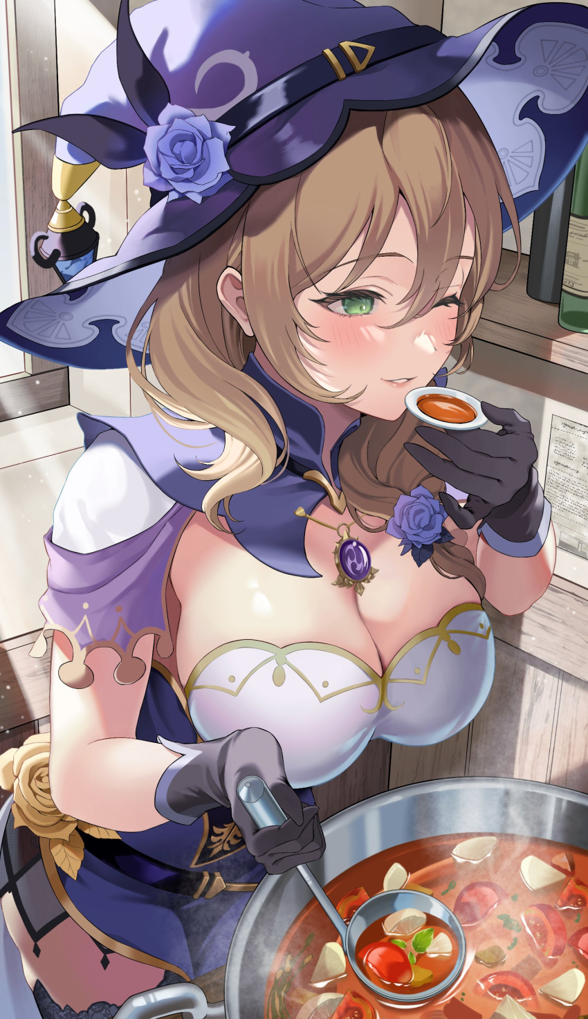 1girl absurdres black_gloves blush border breasts brown_hair casserole cleavage cooking corset dress earrings flower food genshin_impact gloves green_eyes hair_between_eyes hair_flower hair_ornament hat hat_flower high_heels highres jewelry kitchen large_breasts lisa_(genshin_impact) long_hair mitarashimame purple_corset purple_flower purple_headwear purple_rose rose smile soup soup_ladle sunlight thighhighs vision_(genshin_impact) witch witch_hat