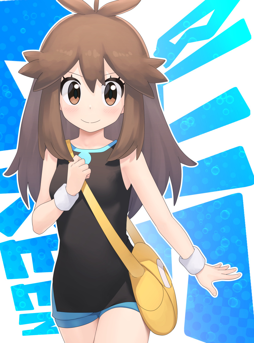 1girl absurdres bag blush breasts brown_eyes brown_hair closed_mouth commentary_request cowboy_shot eyelashes green_(pokemon) hair_flaps hand_up highres long_hair looking_at_viewer outline pokemon pokemon_(game) pokemon_lgpe shirt shorts shoulder_bag sidelocks sleeveless sleeveless_shirt smile solo split_mouth wristband xin_lan_deng yellow_bag