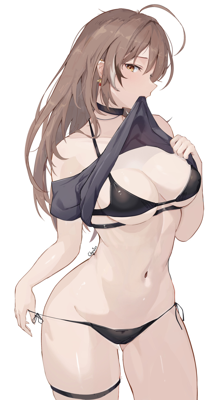 1girl absurdres ahoge bikini bikini_bottom_pull black_bikini black_choker breasts brown_eyes brown_hair choker chyraliss clothes_in_mouth clothes_lift cowboy_shot earrings highres hololive hololive_english jewelry medium_breasts mouth_hold multicolored_hair nanashi_mumei navel shirt_in_mouth shirt_lift side-tie_bikini_bottom signature simple_background solo stomach strap_pull streaked_hair swimsuit thigh_strap thighs underboob underbust virtual_youtuber white_background