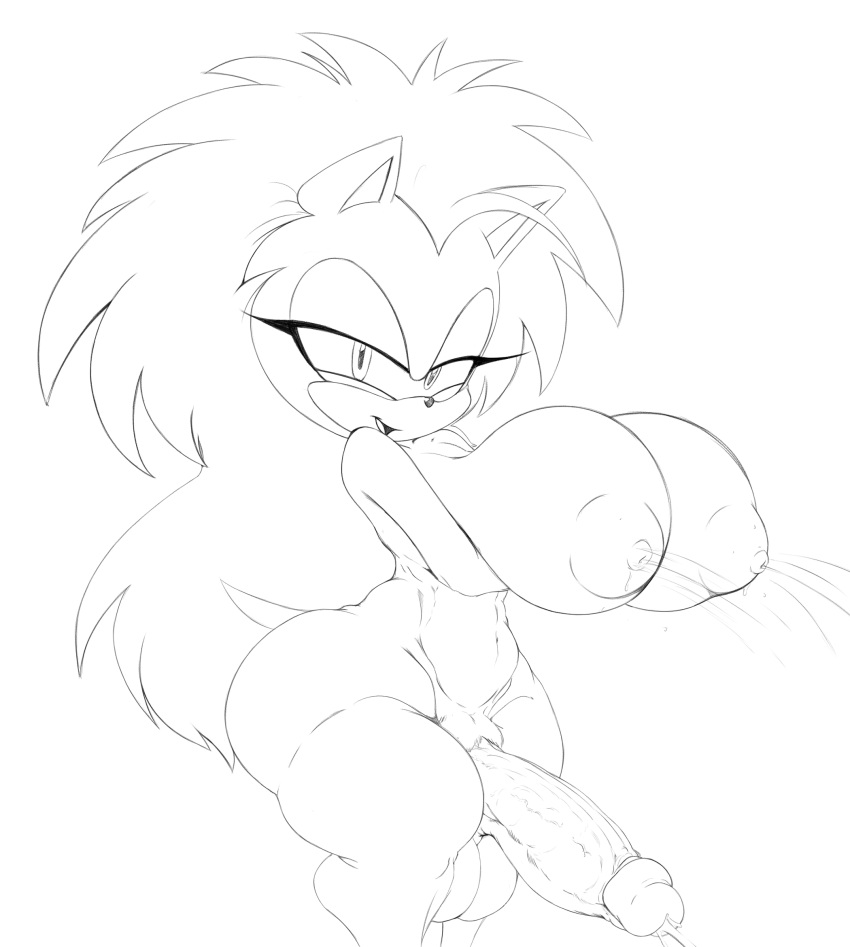 anthro balls big_balls big_breasts big_penis bodily_fluids breasts clothing ejaculation eulipotyphlan genitals gynomorph hair hedgehog hi_res huge_breasts intersex lactating legwear long_hair mammal monochrome penis queen_aleena_hedgehog raccoonshinobi sega solo sonic_the_hedgehog_(series) sonic_underground thick_thighs thigh_highs wide_hips