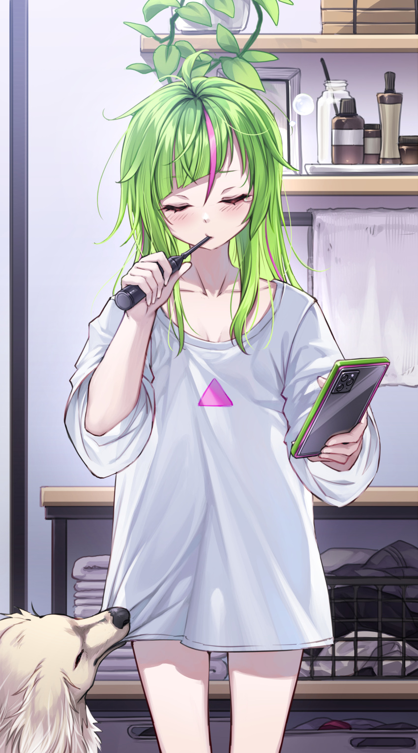 1girl absurdres ahoge blush brushing_teeth cellphone closed_eyes curry_bowl delutaya diagonal_bangs dog electric_toothbrush feet_out_of_frame green_hair highres holding holding_phone indie_virtual_youtuber indoors long_shirt multicolored_hair phone pink_hair shirt shirt_tug sleeves_past_elbows smartphone solo streaked_hair virtual_youtuber waking_up white_shirt