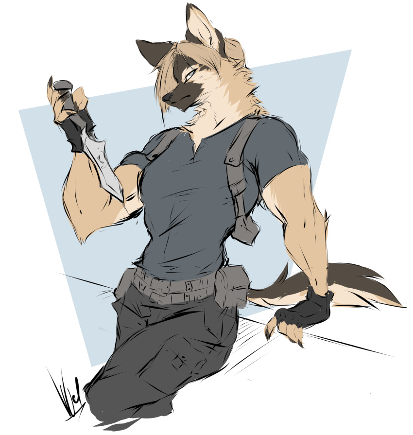 alternate_species anthro bottomwear brown_body brown_fur canid canine canis capcom cargo_pants cheek_tuft clothing combat_knife domestic_dog dullvivid facial_tuft fingerless_gloves fur german_shepherd gloves half-closed_eyes handwear herding_dog hi_res k-bar_combat_knife knife leon_kennedy male mammal muscle_tone muscular muscular_anthro muscular_male narrowed_eyes neck_tuft pants pastoral_dog resident_evil shirt simple_background solo t-shirt tan_body tan_fur topwear tuft white_background yellow_body yellow_fur