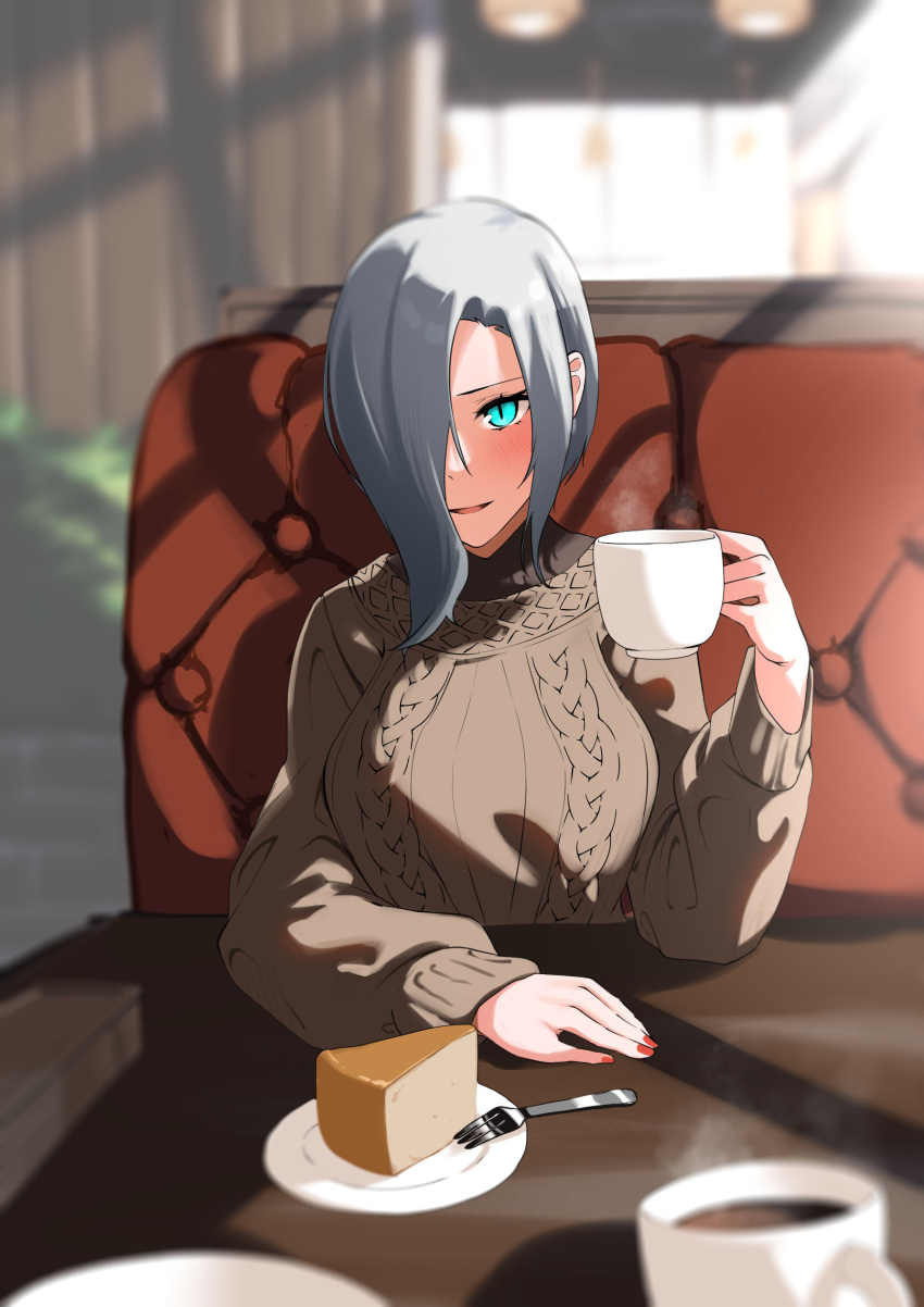 1girl absurdres blue_eyes blush breasts brown_sweater cake cake_slice coffee_cup commission cup disposable_cup ert_raitsui fingernails food fork girls'_frontline grey_hair hair_over_one_eye hand_up highres holding holding_cup indoors large_breasts long_sleeves looking_at_viewer mg5_(girls'_frontline) nail_polish open_mouth red_nails ribbed_sweater skeb_commission slit_pupils solo steam sweater