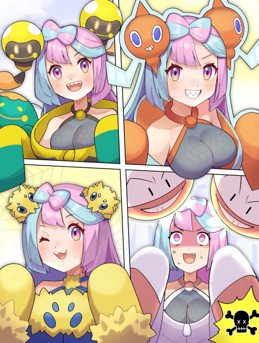 1girl :d alternate_color bangs blush breasts commentary_request electrode_(pokemon) fang grey_shirt grin highres iono_(pokemon) jacket joltik katwo long_hair multiple_views open_mouth pink_hair pokemon pokemon_(creature) pokemon_(game) pokemon_sv rotom rotom_(normal) shaded_face shirt sleeveless sleeveless_shirt smile sweat tadbulb teeth tongue upper_teeth_only yellow_jacket