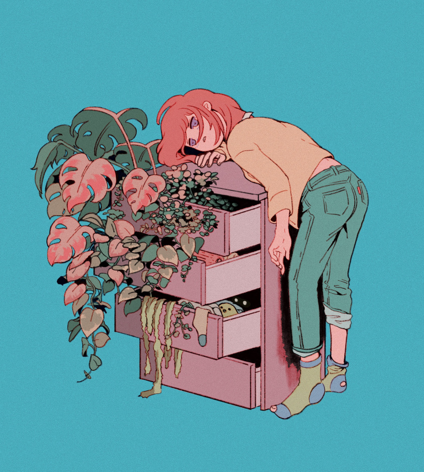 03moonmoonmoon 1girl absurdres blue_background chest_of_drawers green_pants grey_eyes highres leaf long_sleeves medium_hair original pants parted_lips plant red_hair shirt simple_background socks solo yellow_shirt
