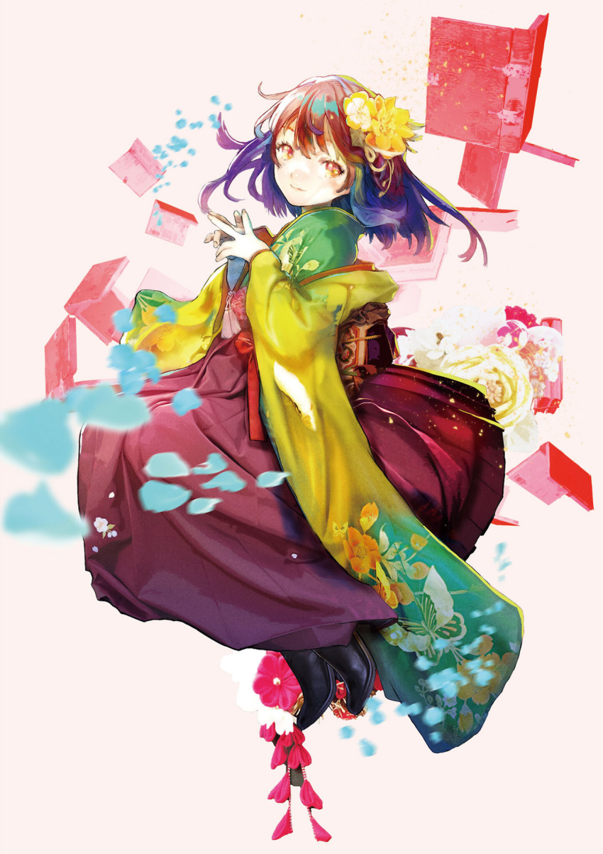 1girl asai_genji book flower green_kimono hair_flower hair_ornament hieda_no_akyuu highres japanese_clothes kimono long_sleeves purple_hair short_hair solo strange_creators_of_outer_world touhou wide_sleeves yellow_kimono