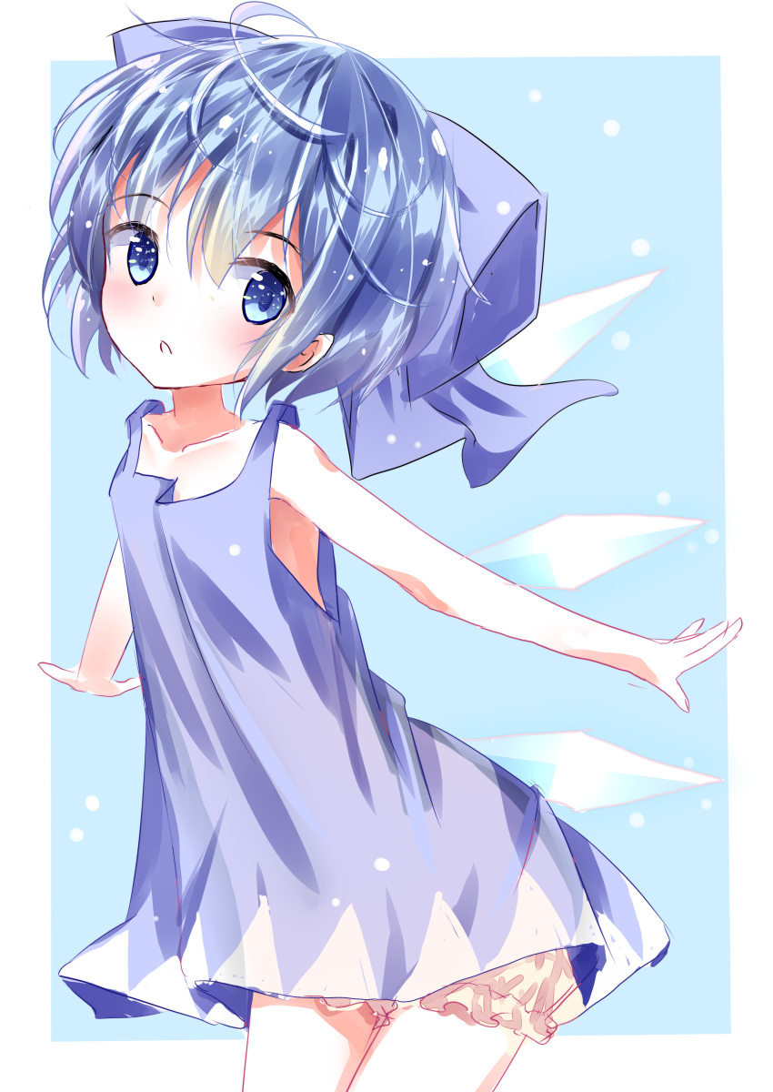 1girl :o absurdres bloomers blue_bow blue_dress blue_eyes blue_hair blush bow choko_(mixberry_parfait) cirno dress flat_chest hair_bow highres ice ice_wings no_shirt open_mouth pinafore_dress short_dress short_hair sleeveless sleeveless_dress solo touhou white_bloomers wings