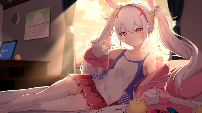 1girl absurdres animal_ears azur_lane bird calendar_(object) camisole chick clock commentary_request curtains fake_animal_ears hair_between_eyes hairband headgear highres jacket juumon laffey_(azur_lane) long_hair long_sleeves looking_at_viewer manjuu_(azur_lane) nintendo_switch pink_jacket pleated_skirt rabbit_ears red_eyes red_hairband red_skirt skirt solo thighhighs twintails white_camisole white_hair white_thighhighs window