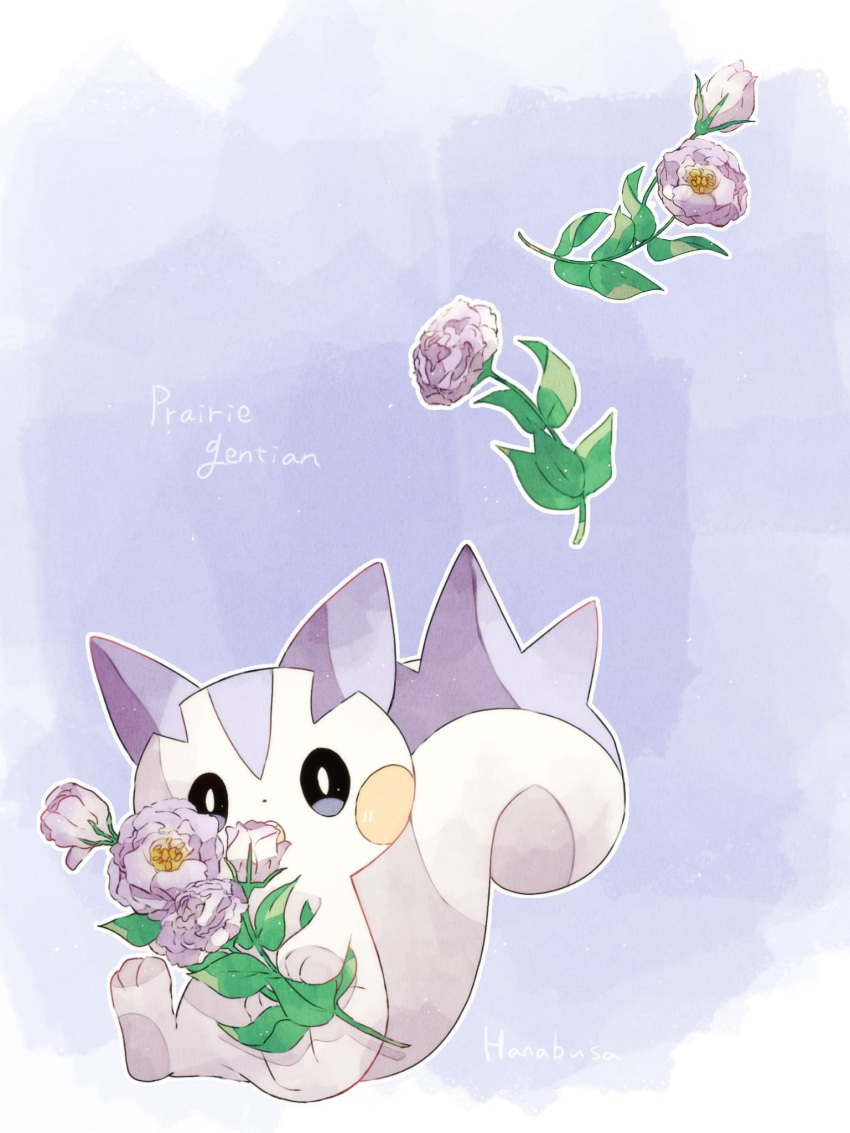 animal_focus artist_name blue_background colored_skin flower hanabusaoekaki highres holding holding_flower leaf no_humans pachirisu pokemon pokemon_(creature) purple_flower sitting solid_oval_eyes solo squirrel tail white_skin