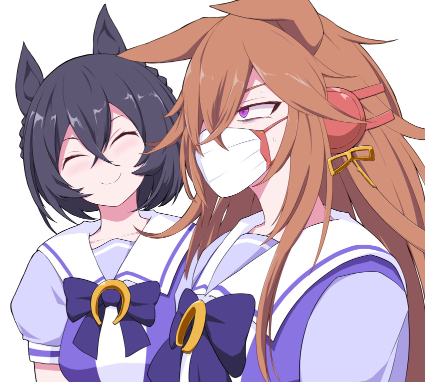 2girls ^_^ animal_ears black_hair bow bowtie braid brown_hair closed_eyes commentary crown_braid facing_viewer highres horse_ears horse_girl horseshoe_ornament kin'iro_ryotei_(umamusume) long_hair mask messy_hair mouth_mask multiple_girls okumari orfevre_(umamusume) puffy_short_sleeves puffy_sleeves purple_bow purple_bowtie purple_eyes purple_serafuku purple_shirt sailor_collar sailor_shirt school_uniform serafuku shirt short_sleeves simple_background tracen_school_uniform umamusume upper_body white_background