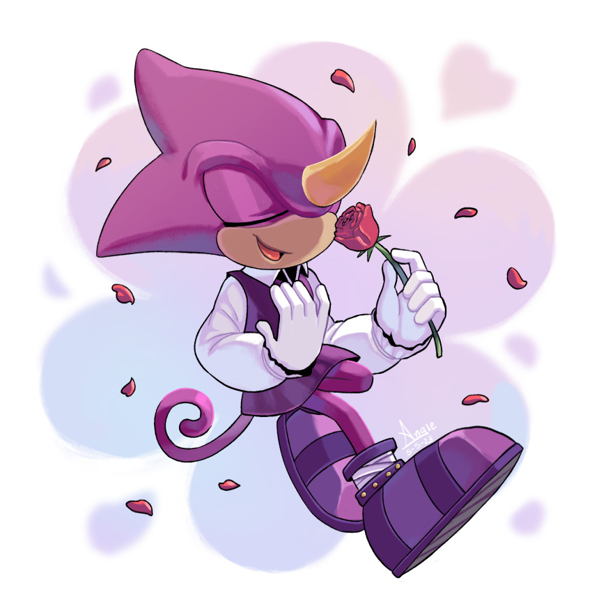 1boy angiethecat chameleon closed_eyes collared_shirt espio_the_chameleon flower gloves highres horns long_sleeves open_mouth petals purple_footwear red_flower red_rose rose shirt single_horn smelling_flower smile sonic_(series) the_murder_of_sonic_the_hedgehog white_gloves white_shirt