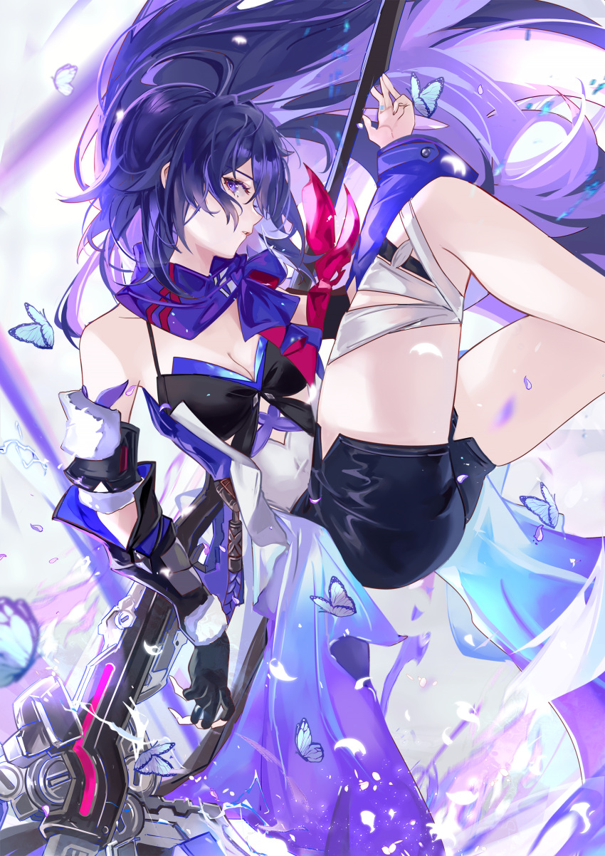 1girl absurdres ahoge breasts bug butterfly cleavage highres holding holding_scythe honkai:_star_rail honkai_(series) purple_butterfly purple_eyes purple_scarf scarf scythe seele_(honkai:_star_rail) solo thighs vardan