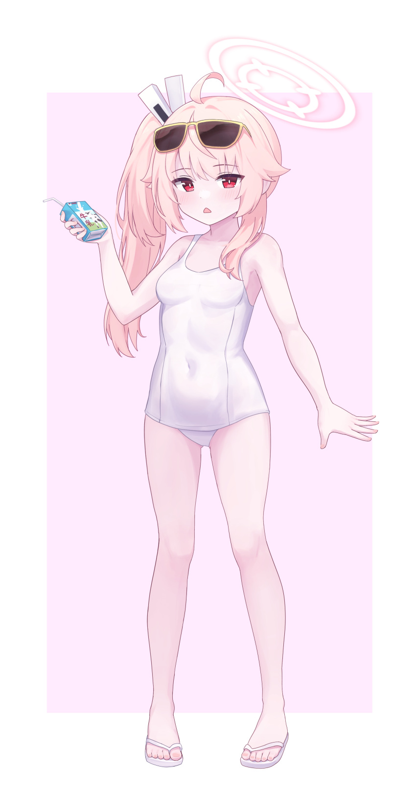 1girl absurdres ahoge bare_arms bare_legs bare_shoulders blue_archive blush breasts bsm_(nerdmin) collarbone commentary covered_navel drink drinking_straw eyewear_on_head feet halo highres holding holding_drink korean_commentary legs long_hair milk_carton natsu_(blue_archive) one-piece_swimsuit open_mouth pink_hair pink_halo red_eyes sandals school_swimsuit side_ponytail small_breasts solo sunglasses swimsuit toenails toes white_one-piece_swimsuit