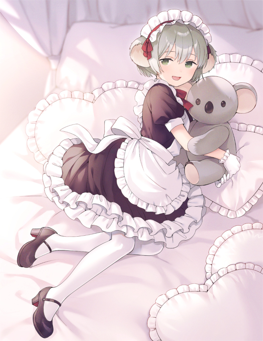 1girl :d bed black_footwear commission doll_hug e_(eokiba) gloves grey_hair heart heart_pillow high_heels highres koala_ears looking_at_viewer lying maid maid_headdress mary_janes object_hug on_bed on_side open_mouth original pantyhose pillow shoes short_hair skeb_commission smile solo stuffed_koala white_gloves white_pantyhose white_theme