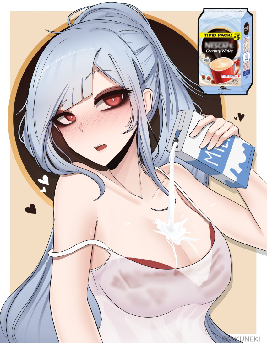 1girl blush bra breasts bright_pupils collarbone grey_hair heart highres long_hair mikuneki milk milk_carton nescafe original ponytail pouring pouring_onto_self red_bra red_eyes sidelocks single_bare_shoulder solo strap_slip tank_top twitter_username underwear upper_body white_pupils white_tank_top