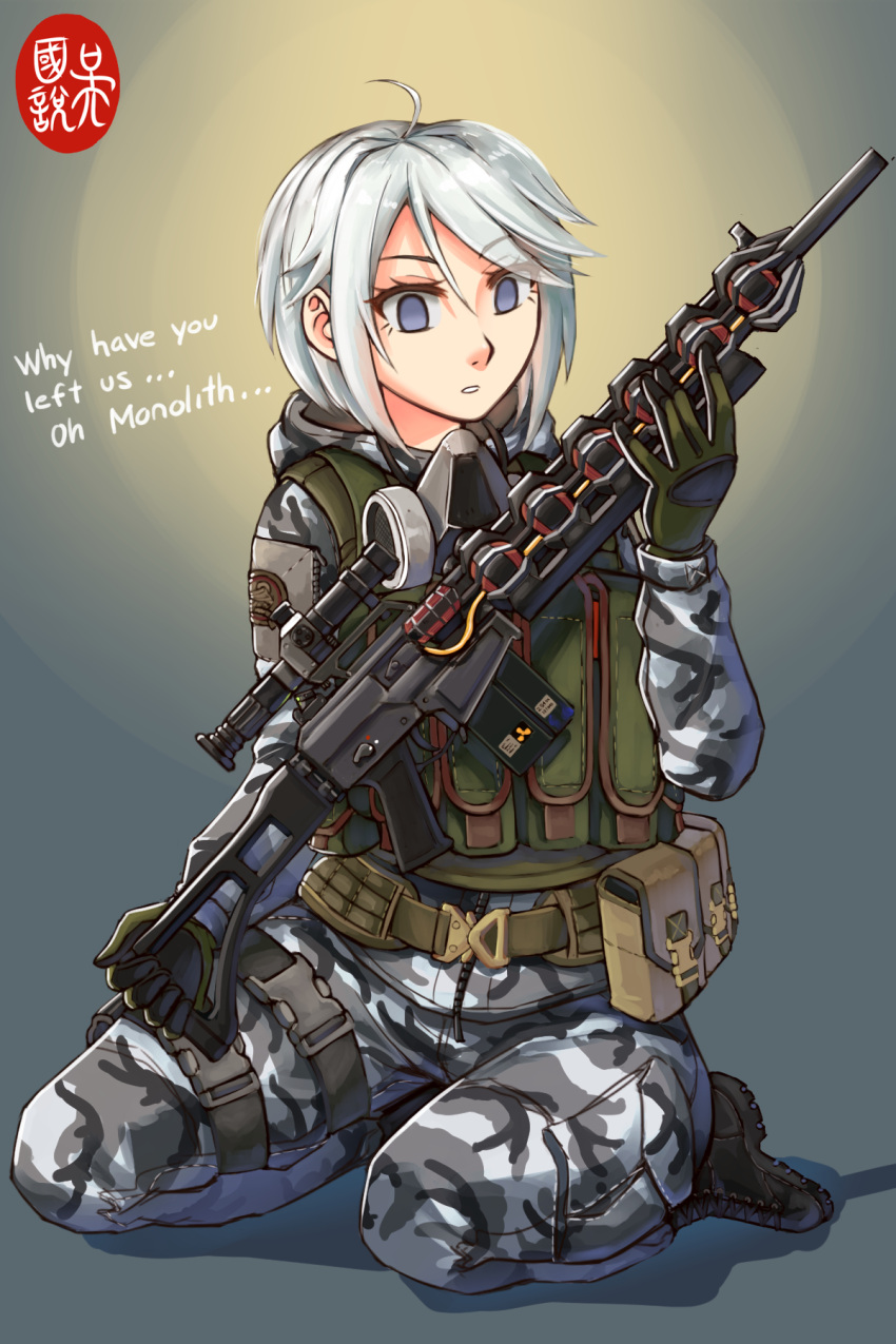 1girl ammunition_pouch boots camouflage english_text gas_mask gauss_rifle_(stalker) gloves grey_eyes gun highres kneeling mask ndtwofives pouch scope stalker_(game) tactical_clothes weapon white_hair