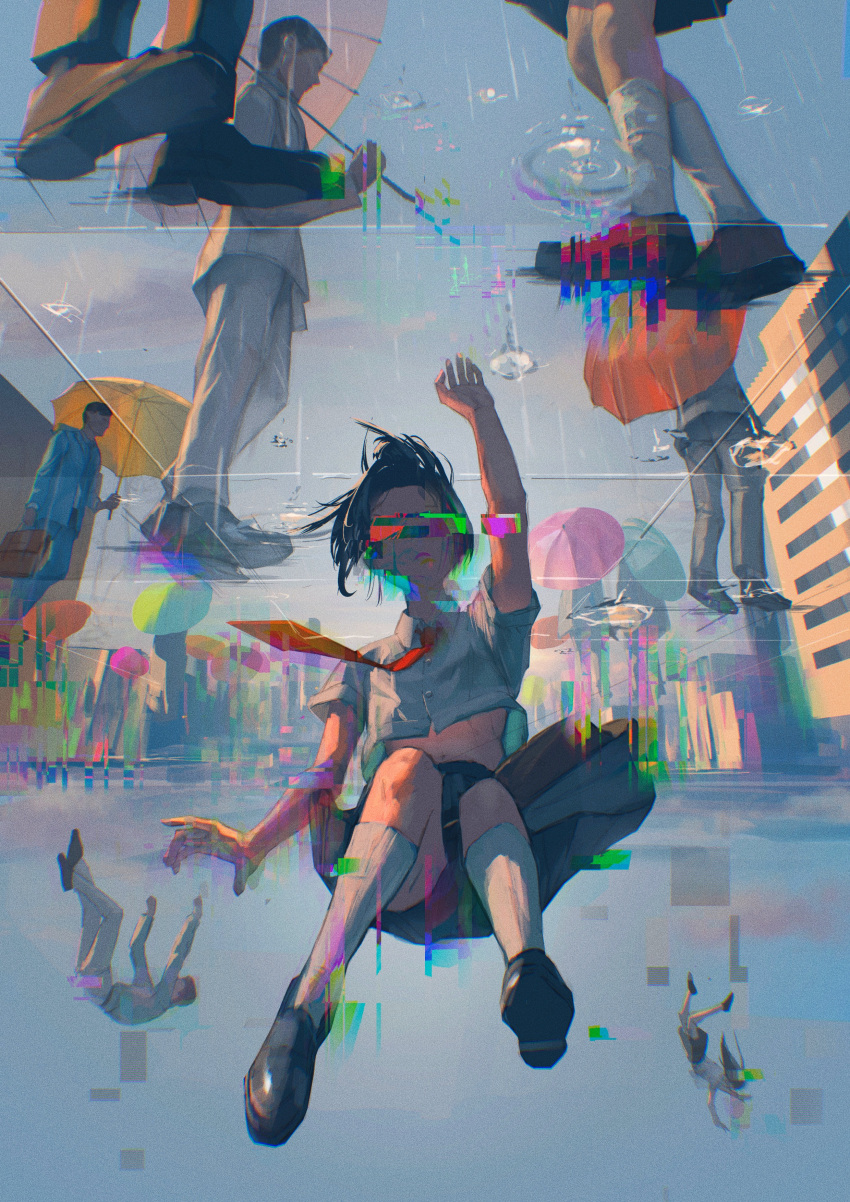 1girl absurdres black_footwear black_hair black_skirt falling glitch highres navel necktie neg_(101neg) original people rain red_necktie school_uniform shirt short_hair skirt solo_focus water_drop white_shirt