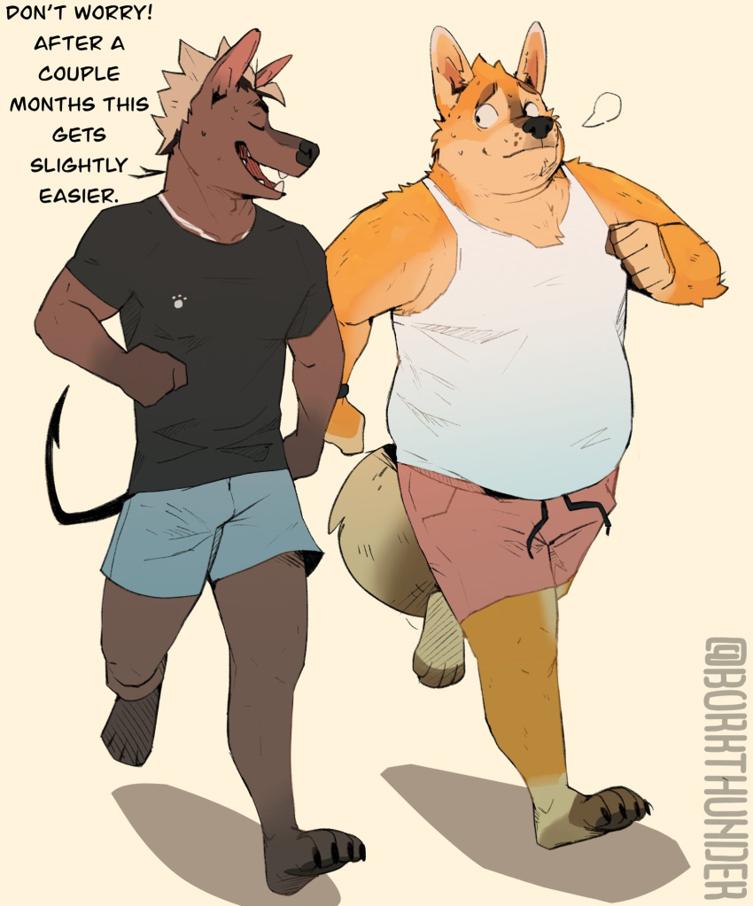 2023 anthro borkthunder bottomwear canid canine canis clothing dialogue domestic_dog duo english_text fur hair hi_res male mammal overweight overweight_anthro overweight_male playing_sport running shirt shorts simple_background sport sportswear tail tan_body tan_fur text topwear yellow_body yellow_fur