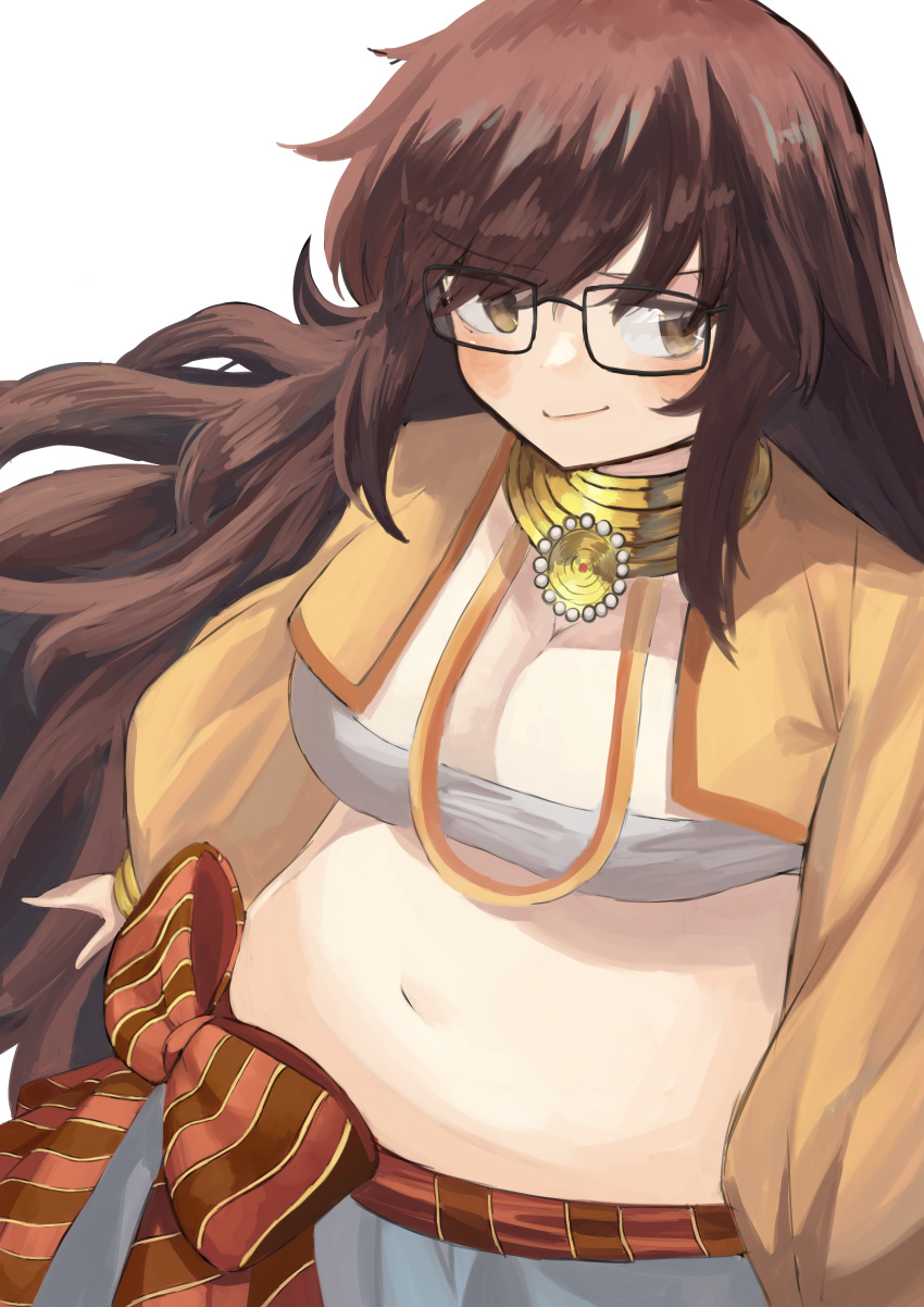 1girl absurdres belly black-framed_eyewear blush bow breasts brown_eyes brown_hair cleavage commentary_request commission fate/grand_order fate_(series) ganesha_(fate) glasses highres jinako_carigiri kokoa_10701 large_breasts long_hair looking_at_viewer midriff navel pixiv_commission plump sidelocks simple_background smile solo very_long_hair white_background