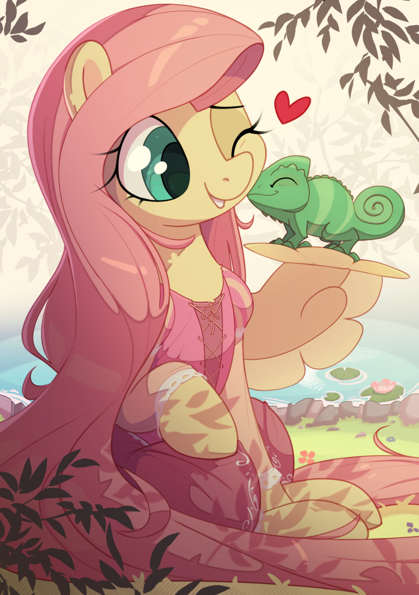 &lt;3 absurd_res blue_eyes chameleon clothed clothing cosplay crossover crossover_cosplay disney disney's_tangled_(film) dress duo equid equine eyebrows eyelashes female feral fluttershy_(mlp) friendship_is_magic fur hair hasbro hi_res hooves lizard long_hair mammal my_little_pony nookprint one_eye_closed outside pegasus plant rapunzel_(disney) reptile scalie smile water wings yellow_body yellow_fur