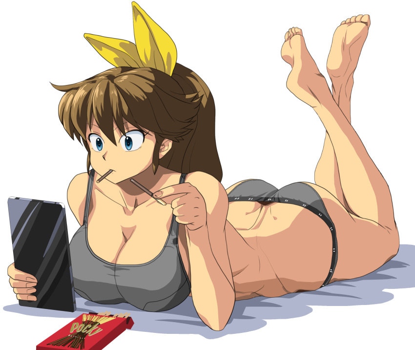 1girl absurdres ass barefoot blue_eyes bow breasts brown_hair butt_crack cleavage collarbone commentary_request commission feet_up food food_in_mouth full_body grey_panties grey_sports_bra hair_bow highres holding holding_food holding_pocky holding_tablet_pc huge_breasts legs_up long_hair looking_at_screen lying m.u.g.e.n oggy_(oggyoggy) on_stomach original panties pixiv_commission pocky pocky_in_mouth ponytail ryuko_(oggyoggy) soles solo sports_bra tablet_pc the_pose toes transparent_background underwear underwear_only yellow_bow