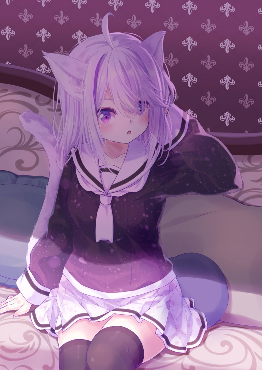 1girl 54hao :o ahoge animal_ear_fluff animal_ears arm_behind_head arm_up black_shirt black_thighhighs blush cat_ears cat_girl cat_tail collarbone commentary_request couch highres hololive indoors long_hair long_sleeves looking_at_viewer multicolored_hair nekomata_okayu on_couch panties parted_lips pillow pleated_skirt puffy_long_sleeves puffy_sleeves purple_eyes purple_hair sailor_collar shirt sitting skirt sleeves_past_wrists solo streaked_hair tail thighhighs underwear virtual_youtuber white_panties white_sailor_collar white_skirt