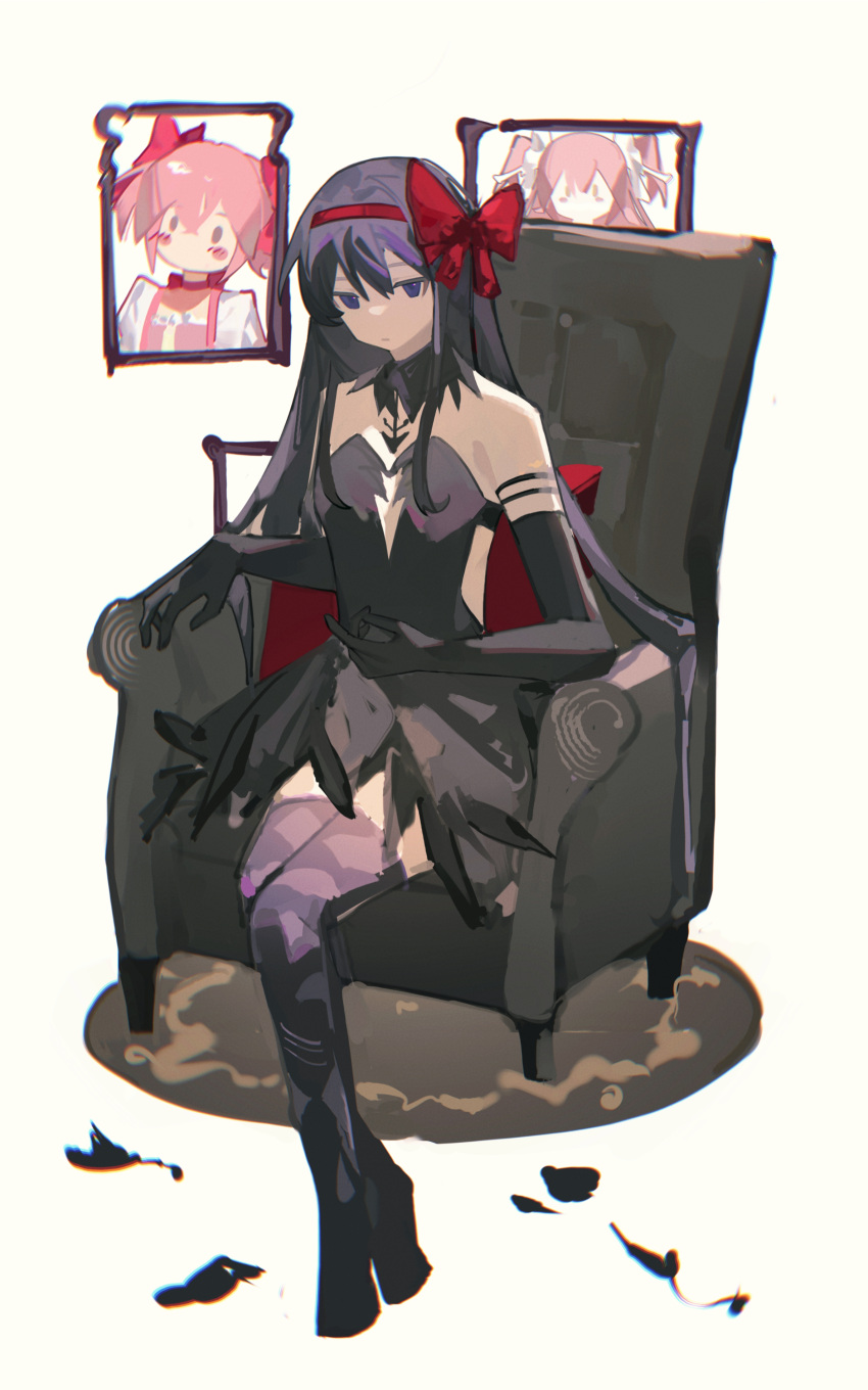 1girl absurdres akemi_homura akuma_homura argyle argyle_legwear armchair bare_shoulders black_collar black_dress black_footwear black_gloves black_hair blue_eyes boots bow chair character_portrait chinese_commentary collar commentary_request crossed_ankles dress elbow_gloves expressionless from_side full_body gloves hair_bow hairband highres kaname_madoka long_hair looking_at_viewer mahou_shoujo_madoka_magica mahou_shoujo_madoka_magica:_hangyaku_no_monogatari on_chair portrait_(object) red_hairband rug simple_background sitting solo straight_hair strapless strapless_dress thigh_boots ultimate_madoka white_background yishunanguadui