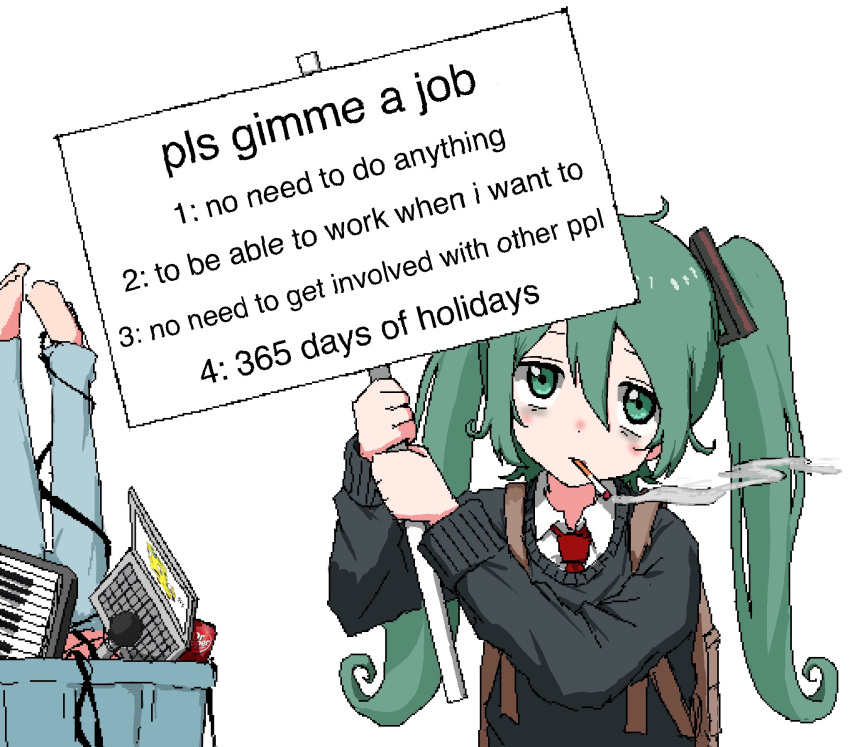 1girl aiu404l backpack bag bags_under_eyes bed_sheet black_sweater blue_pants brown_bag cigarette computer dr_pepper green_eyes green_hair hair_between_eyes hair_ribbon hatsune_miku highres holding holding_sign in_trash_can instrument laptop list long_hair necktie non-web_source pants placard red_necktie ribbon shirt sign smoke smoking sweater synthesizer trash_can twintails vocaloid white_background white_shirt wire