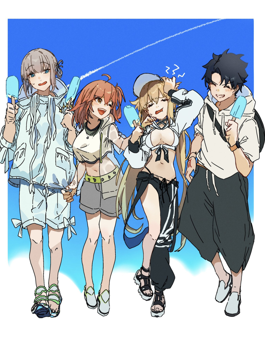 2boys 2girls ahoge anmochi_mochi artoria_caster_(fate) artoria_caster_(swimsuit)_(fate) artoria_pendragon_(fate) asymmetrical_clothes bikini black_hair black_pants blonde_hair blue_eyes blunt_bangs blush closed_eyes command_spell cropped_jacket fate/grand_order fate_(series) food fujimaru_ritsuka_(female) fujimaru_ritsuka_(male) grey_hair grey_shorts grin hand_on_own_head headband highres holding holding_food holding_popsicle hood hood_down hooded_jacket hoodie jacket long_hair midriff multiple_boys multiple_girls navel oberon_(fate) official_alternate_costume one_eye_closed open_mouth orange_eyes orange_hair pants popsicle short_hair short_ponytail shorts side_ponytail single_pantsleg smile stomach sweatdrop swimsuit teeth twintails upper_teeth_only very_long_hair white_bikini white_footwear white_headband white_hoodie white_jacket