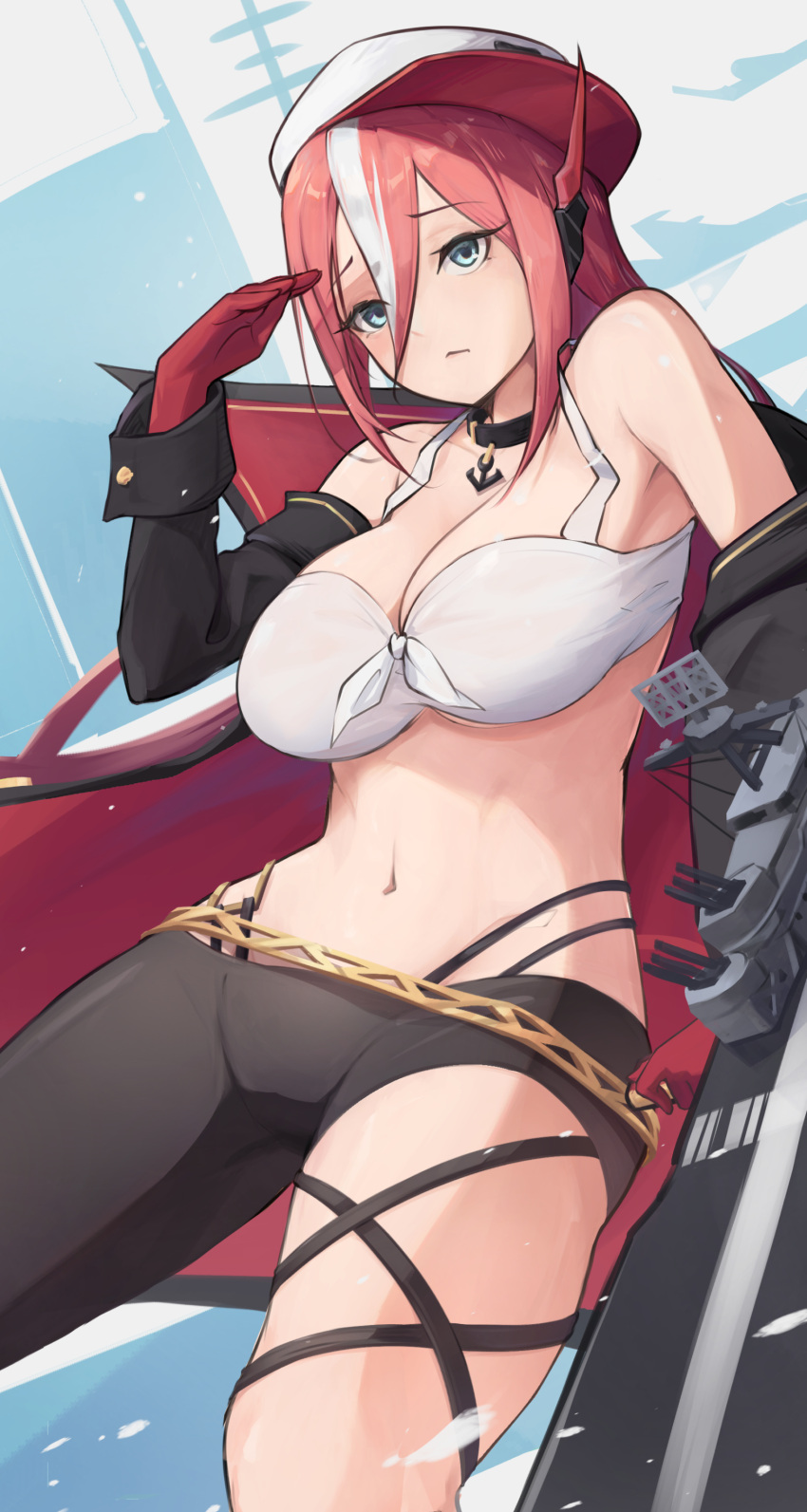 1girl absurdres anchor_choker anti-aircraft anti-aircraft_gun asymmetrical_clothes azur_lane bare_shoulders black_choker black_pants blue_eyes blush breasts choker cleavage closed_mouth collarbone commentary cowboy_shot crop_top detached_sleeves flat_cap front-tie_top gloves hair_between_eyes hand_up hat highres kanotype large_breasts long_hair looking_at_viewer midriff navel pants pink_hair ranger_(azur_lane) red_gloves retrofit_(azur_lane) rigging salute sidelocks single_pantsleg sleeveless_coat solo standing tank_top thigh_strap tight_clothes tight_pants white_theme