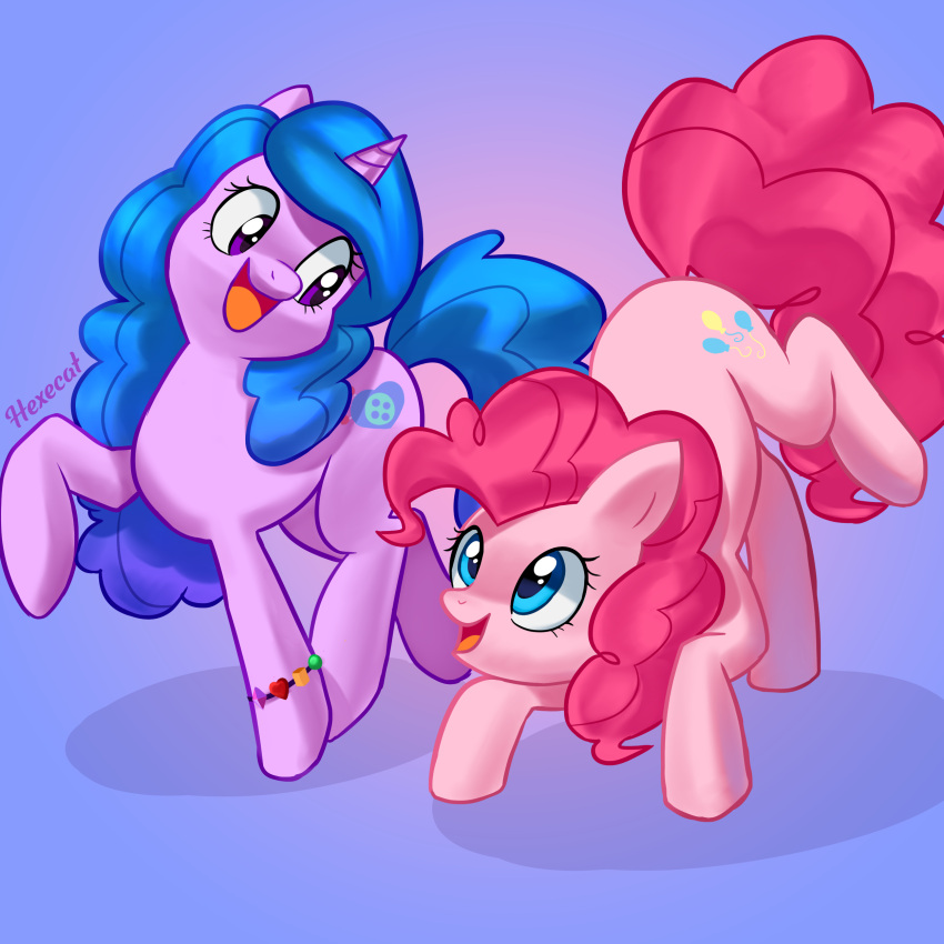 absurd_res action_pose blue_eyes blue_hair bracelet cutie_mark duo earth_pony equid equine female feral friendship_is_magic fur hair hasbro hexecat hi_res horn horse izzy_moonbow_(mlp) jewelry mammal mlp_g5 my_little_pony open_mouth open_smile pink_body pink_fur pink_hair pinkie_pie_(mlp) pony pose purple_body purple_eyes purple_fur simple_background smile unicorn