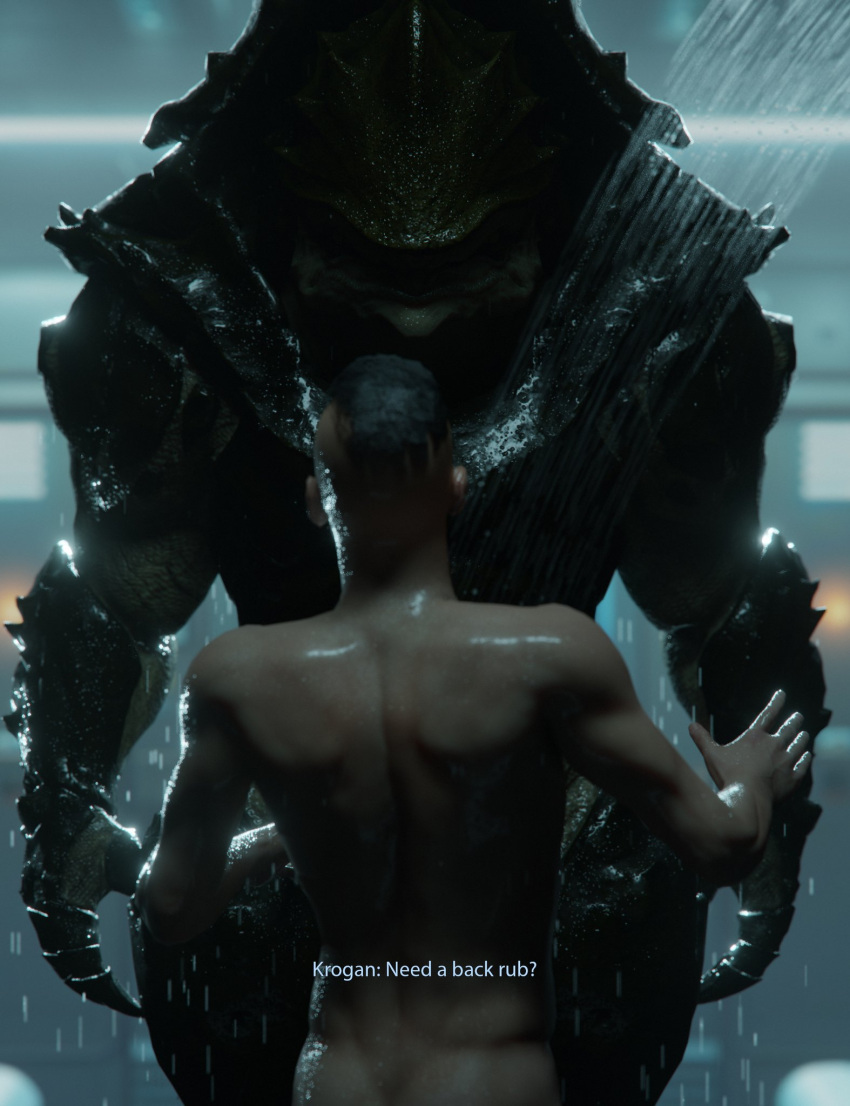 3d_(artwork) alien digital_media_(artwork) duo english_text hair hi_res human imminent_sex interspecies krogan larger_male male male/male mammal mass_effect muscular muscular_male nude propositioning public public_shower rooking shower simple_background size_difference smaller_male source_filmmaker standing text water wet