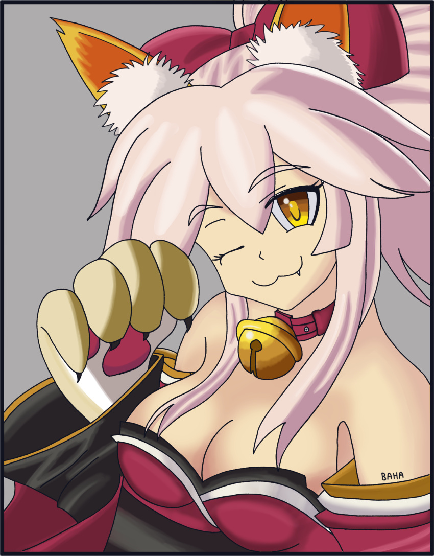 animal_humanoid asian_clothing bahamosia bell bell_collar breasts caster_tamamo-no-mae cat_humanoid clothing collar dress east_asian_clothing fangs fate_(series) felid felid_humanoid feline feline_humanoid female hair hi_res humanoid inner_ear_fluff looking_at_viewer mammal mammal_humanoid one_eye_closed paws smile smiling_at_viewer solo teeth tuft type-moon wink yellow_eyes