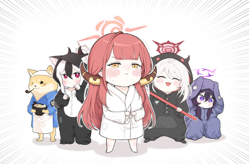 1boy 4girls ^_^ alternate_costume animal_costume apron aru_(blue_archive) bath_yukata black_hair blue_archive blunt_bangs blush_stickers bowl cat_costume chef chibi closed_eyes commentary_request demon_costume demon_girl demon_horns dog food full_body furry furry_male furry_with_non-furry green_eyes hair_between_eyes halo haruka_(blue_archive) holding holding_bowl holding_staff hood hoodie horns interspecies japanese_clothes kayoko_(blue_archive) kimono long_hair looking_at_viewer master_shiba_(blue_archive) multicolored_hair multiple_girls mutsuki_(blue_archive) noodles pajamas puffy_cheeks purple_eyes rabbit_costume ramen red_eyes red_hair scar scar_across_eye scar_on_face shiba_inu short_hair short_hair_with_long_locks sidelocks simple_background sitting smoking_pipe staff standing two-tone_hair waist_apron white_background white_hair white_headwear yosik yukata