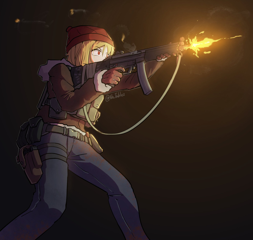 ammunition_pouch beanie belt blonde_hair casing_ejection denim fur_trim gloves gun gun_sling h&amp;k_mp5 handgun hat highres holster jacket jeans no_tables pants pouch red_eyes rimworld shell_casing short_hair submachine_gun tally thigh_holster weapon