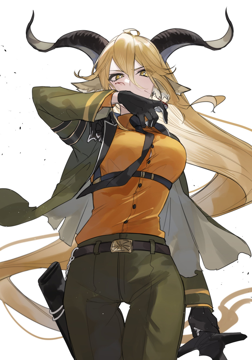 1girl absurdres ahoge animal_ear_fluff animal_ears arknights belt belt_buckle black_belt black_gloves black_necktie blonde_hair blood blood_on_cheek blood_on_face breasts bright_pupils buckle buttons chest_harness collared_shirt commentary_request covered_mouth cowboy_shot degenbrecher_(arknights) double-parted_bangs dress_shirt floating_hair gloves goat_ears goat_girl goat_horns green_jacket green_pants hair_between_eyes hand_up harness high_collar highres holding holding_sword holding_weapon horns jacket lapels large_breasts layered_sleeves long_bangs long_hair long_sleeves looking_at_viewer medal military military_jacket military_uniform necktie open_clothes open_jacket orange_shirt pants scabbard shawl_lapels sheath shirt shirt_tucked_in sidelocks simple_background solo standing straight-on straight_hair sword torn_clothes torn_jacket uniform unsheathed very_long_hair weapon white_background white_pupils wing_collar wiping_blood yakota_(usuk-yako) yellow_eyes
