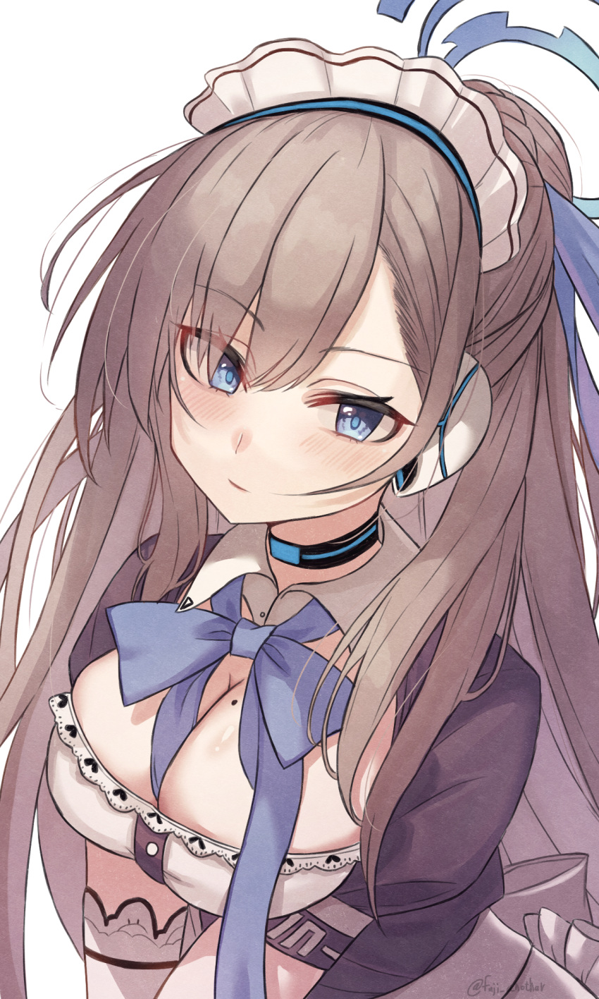 1girl asuna_(blue_archive) asymmetrical_bangs black_choker blue_archive blue_bow blue_bowtie blue_eyes blue_ribbon blush bow bowtie breasts choker cleavage closed_mouth detached_collar earpiece hair_ribbon halo highres katsukare large_breasts long_hair looking_at_viewer maid_headdress mole mole_on_breast ribbon solo upper_body white_background