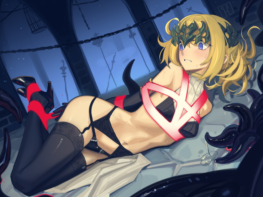 1girl arms_behind_back bare_shoulders bdsm black_footwear black_gloves black_panties black_thighhighs blonde_hair blue_eyes bondage bound bound_ankles cad_(caddo) character_request circlet clenched_teeth commentary crop_top elbow_gloves fate/grand_order fate_(series) gag garter_belt gloves high_heels highres hogtie midriff navel panties pollux_(fate) short_hair sleeveless solo stomach teeth thighhighs underwear