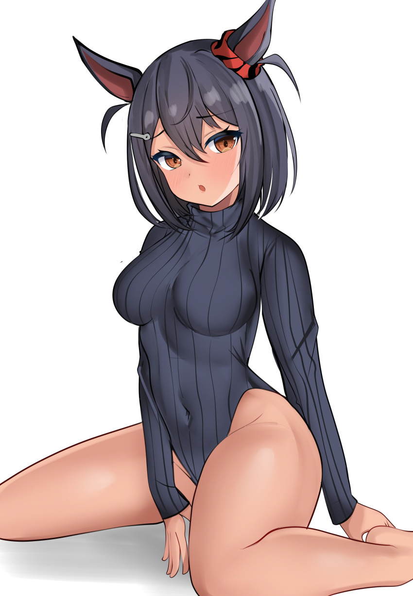 1girl absurdres animal_ears black_hair bob_cut breasts brown_eyes dark_skin grey_leotard heattech_leotard highleg highleg_leotard highres hishi_amazon_(umamusume) horse_ears horse_girl horse_tail leotard leotard_sweater looking_at_viewer medium_breasts red_scrunchie ribbed_leotard ribbed_sweater scrunchie short_hair simple_background sitting solo striped striped_leotard sweater tail tf_cafe turtleneck turtleneck_leotard turtleneck_sweater umamusume wariza white_background